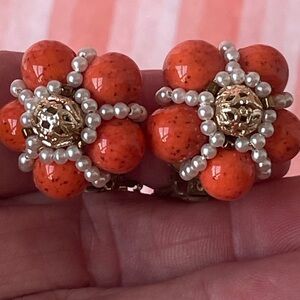 Vibrant Vintage Orange Floral Clip-On Earrings with Gold Accents
